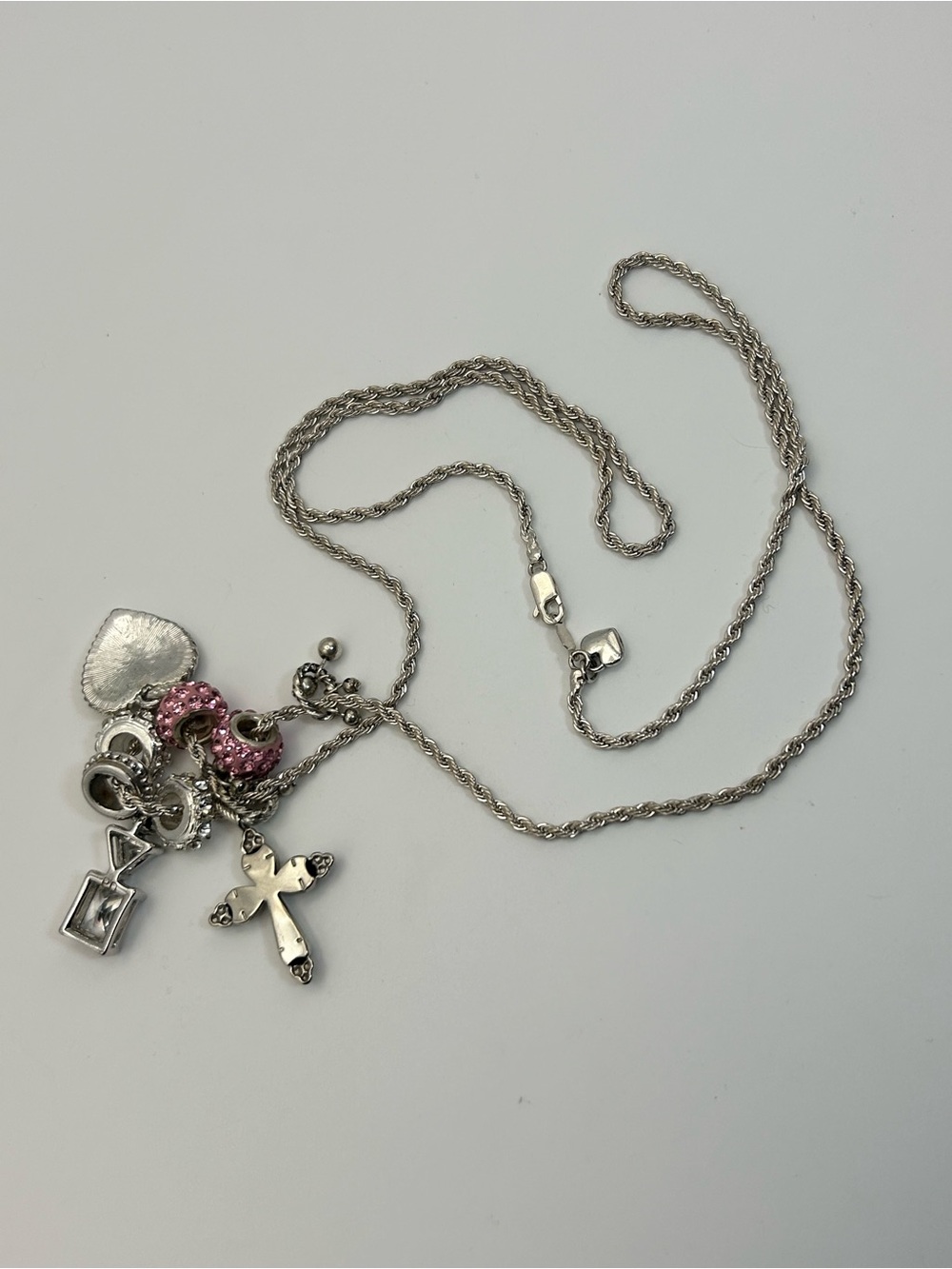 Sparkling Pink Crystals Charm Necklace Silver-tone Cross 30" Unsigned - Picture 9 of 13